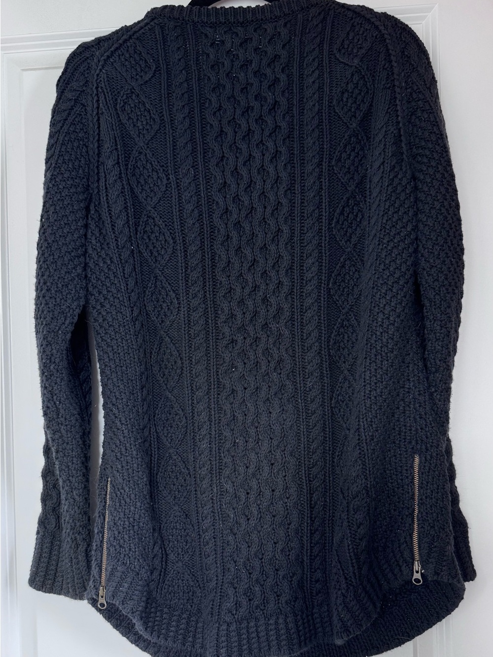 L.L. Bean Black Cable-Knit Crewneck Sweater with Hem Zips